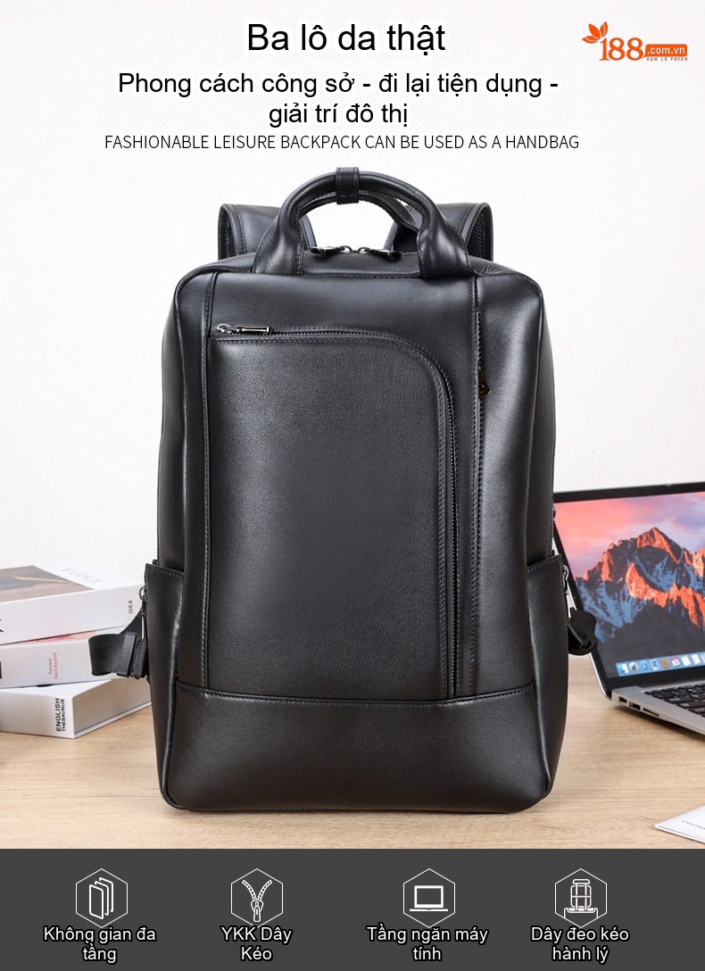 Balo Da Thật Đựng Laptop 15.6 Inch Thời Trang Công Sở Màu Đen chi tiết 3