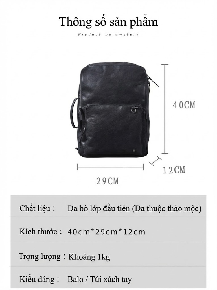Balo Da Thật Đựng Laptop Nam Nữ Da Bò Thủ Công Sức Chứa Lớn Màu Đen chi tiết 1