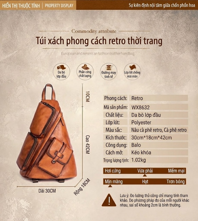Balo Da Thật Dung Tích Lớn Đeo Vai Du Lịch Công Tác Cao Cấp Đa Năng Màu Nâu chi tiết 2
