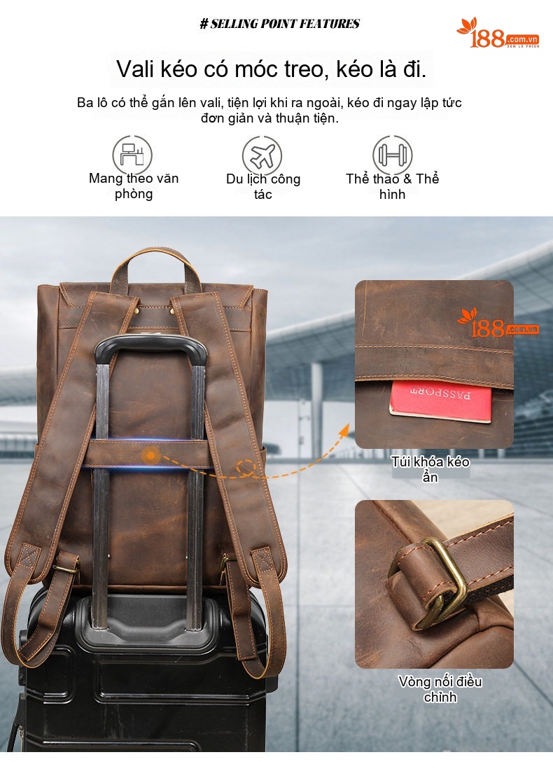 Balo Da Thật Lớn Đựng Laptop Du Lịch Công Tác Đa Năng Màu Nâu chi tiết 7