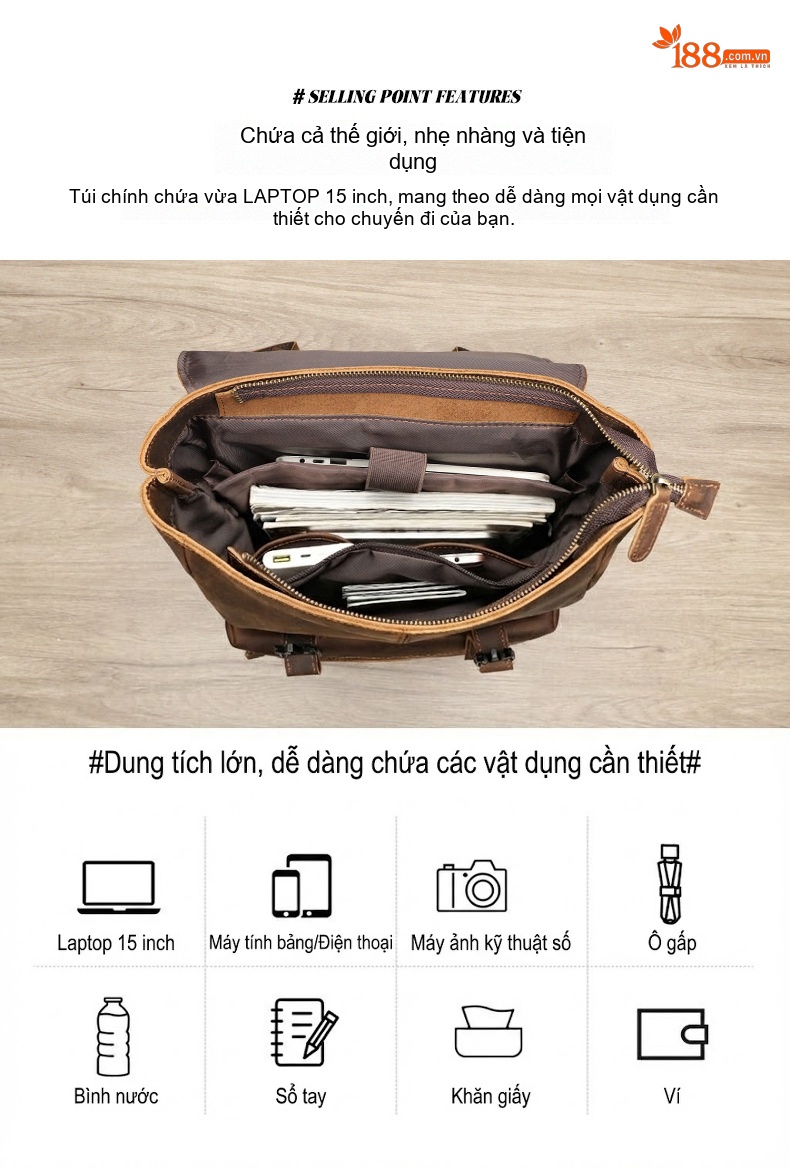 Balo Da Thật Lớn Đựng Laptop Du Lịch Công Tác Đa Năng Màu Nâu chi tiết 8