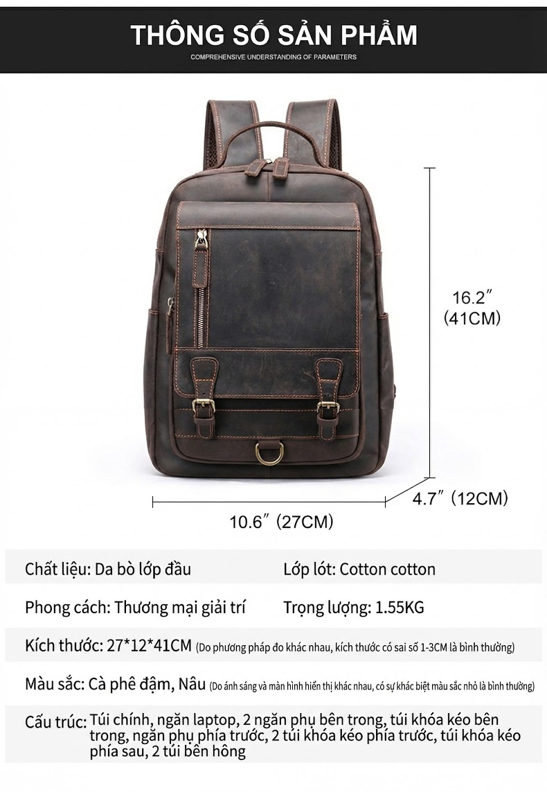 Balo Da Thật Lớn Đựng Laptop Du Lịch Công Tác Đa Năng Màu Nâu chi tiết 22