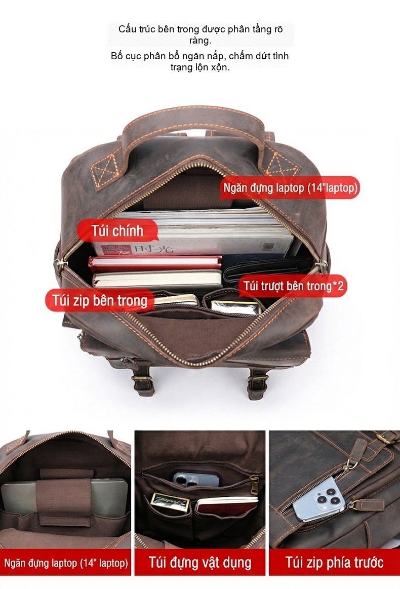 Balo Da Thật Lớn Đựng Laptop Du Lịch Công Tác Đa Năng Màu Nâu chi tiết 29