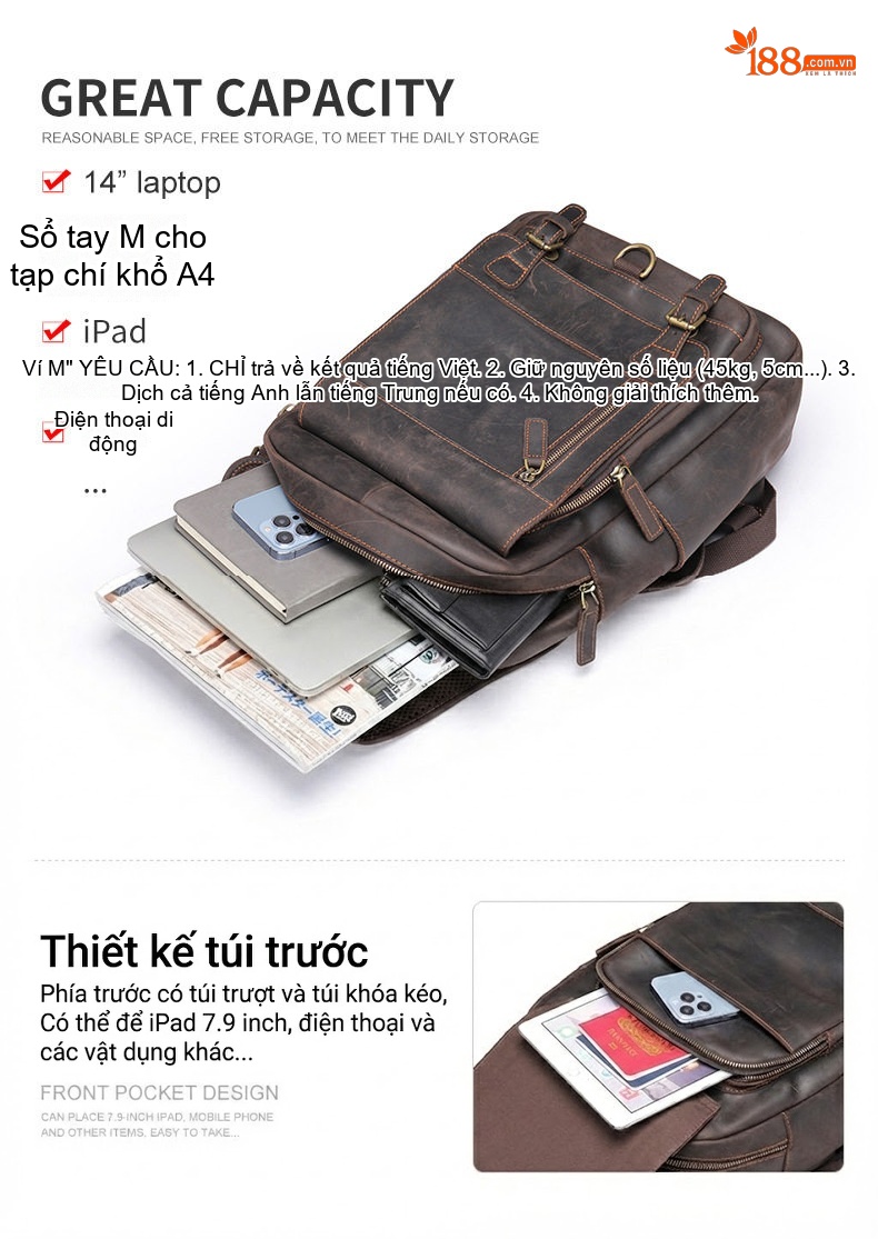 Balo Da Thật Lớn Đựng Laptop Du Lịch Công Tác Đa Năng Màu Nâu chi tiết 30