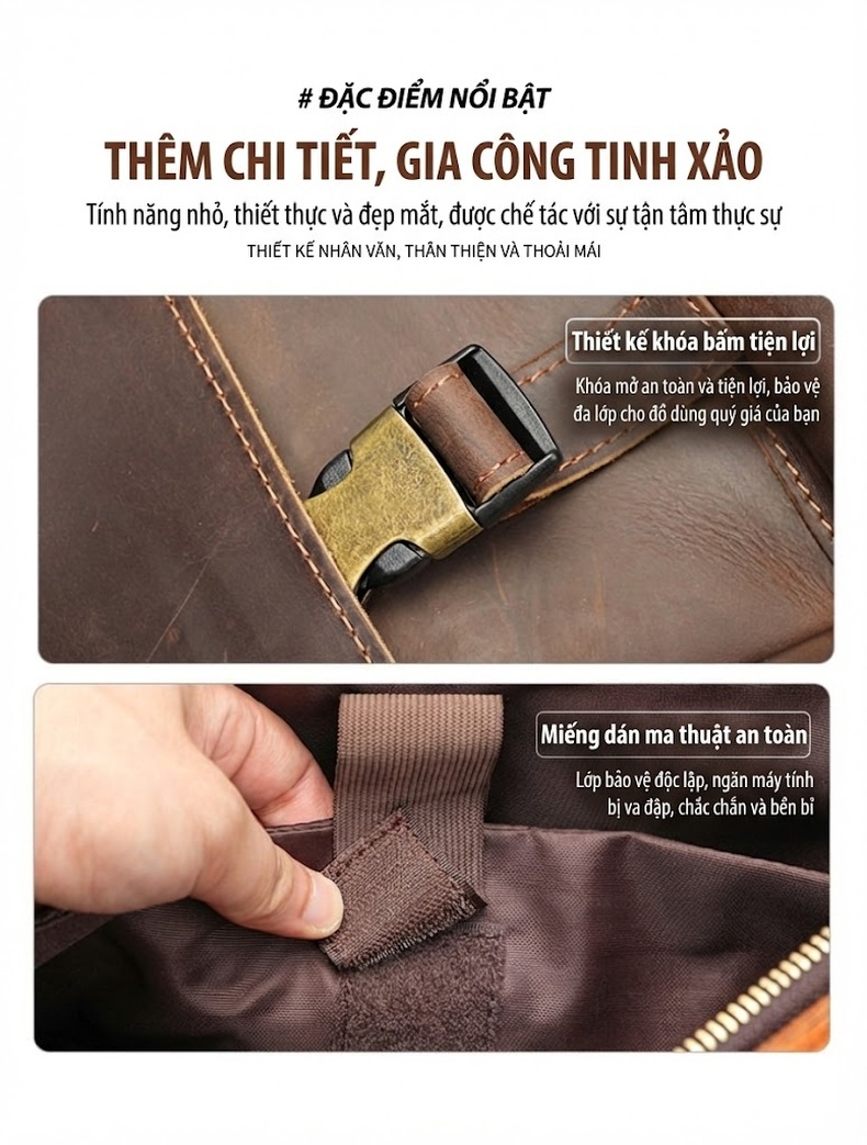 Balo Da Thật Lớn Đựng Laptop Du Lịch Công Tác Đa Năng Màu Nâu chi tiết 10