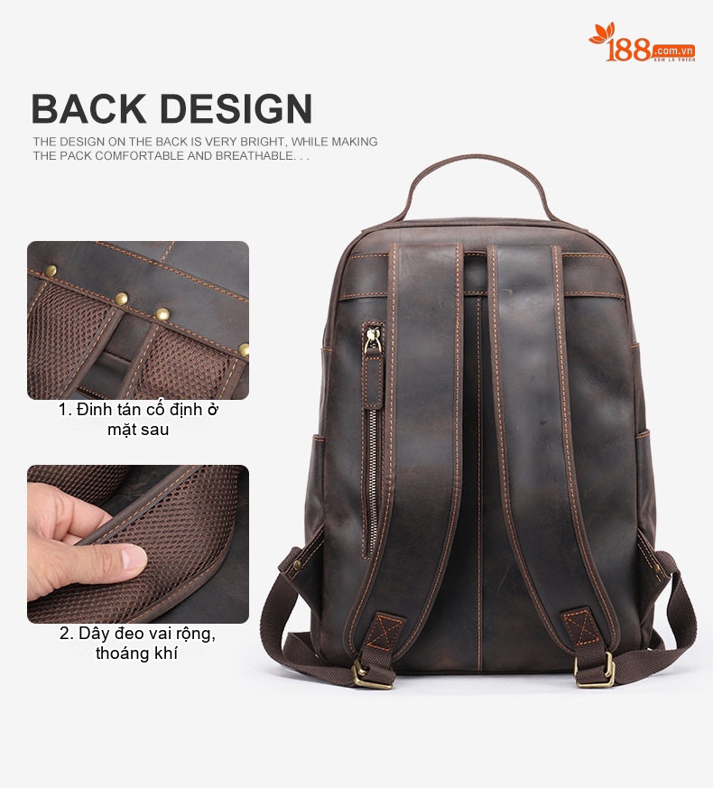 Balo Da Thật MASIWEI Da Ngựa Điên Dung Tích Lớn Đựng Laptop 2022 Phong Cách Outdoor Màu Nâu, Đen chi tiết 12