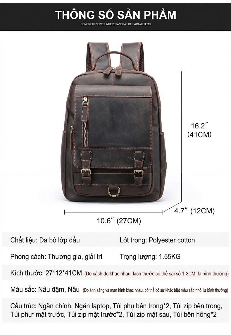 Balo Da Thật MASIWEI Da Ngựa Điên Dung Tích Lớn Đựng Laptop 2022 Phong Cách Outdoor Màu Nâu, Đen chi tiết 3