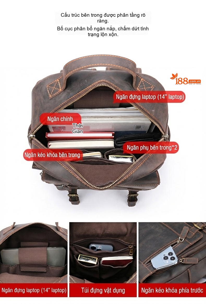 Balo Da Thật MASIWEI Da Ngựa Điên Dung Tích Lớn Đựng Laptop 2022 Phong Cách Outdoor Màu Nâu, Đen chi tiết 10