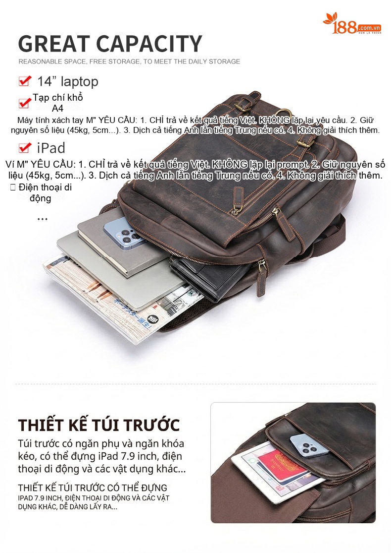 Balo Da Thật MASIWEI Da Ngựa Điên Dung Tích Lớn Đựng Laptop 2022 Phong Cách Outdoor Màu Nâu, Đen chi tiết 11