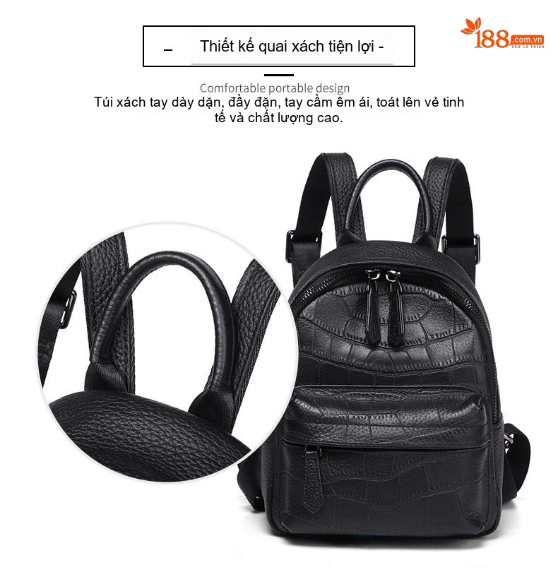 Balo Da Thật Mini Nữ Thời Trang Du Lịch Công Sở Màu Đen chi tiết 6