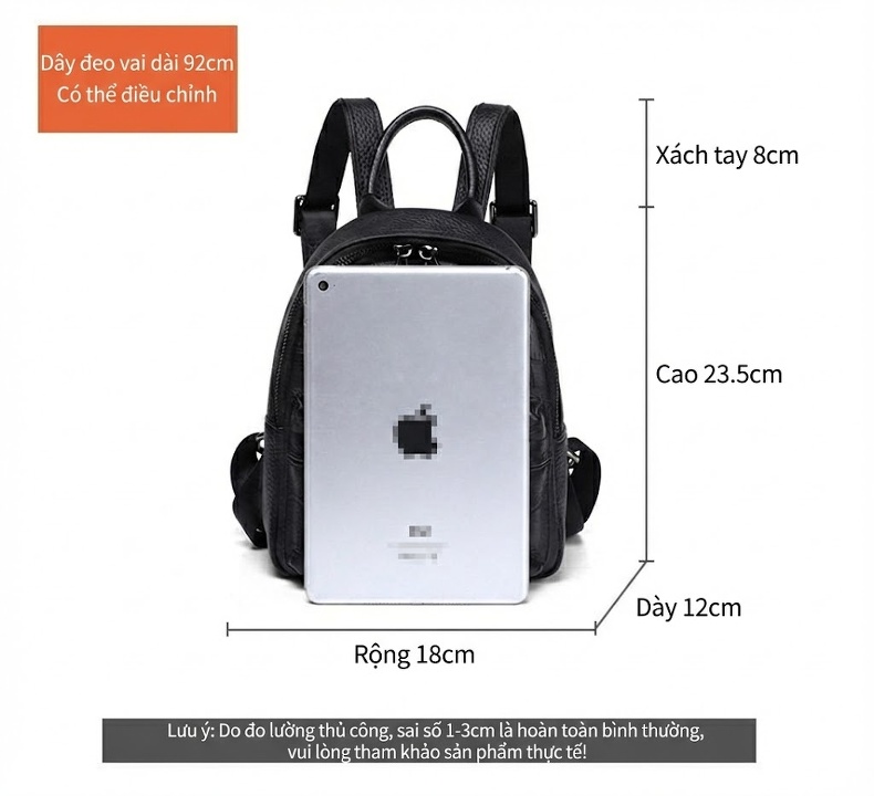Balo Da Thật Mini Nữ Thời Trang Du Lịch Công Sở Màu Đen chi tiết 9