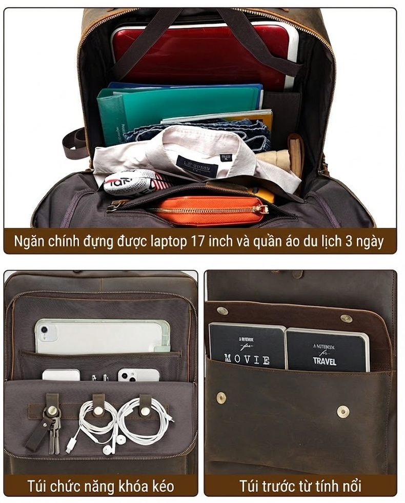 Balo Da Thật Nam Cao Cấp Đựng Laptop Du Lịch Công Sở Màu Nâu, Đen chi tiết 6