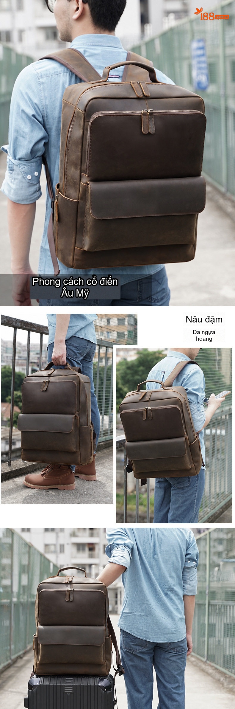 Balo Da Thật Nam Cao Cấp Đựng Laptop Du Lịch Công Sở Màu Nâu, Đen chi tiết 4
