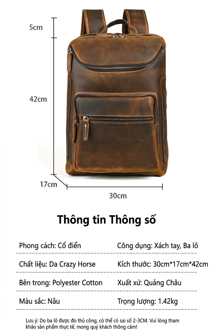 Balo Da Thật Nam Da Bò Crazy Horse Đa Năng Chống Sốc Chống Nước Màu Nâu chi tiết 3