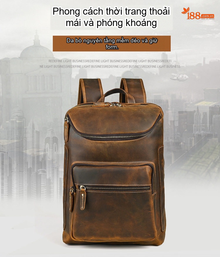 Balo Da Thật Nam Da Bò Crazy Horse Đa Năng Chống Sốc Chống Nước Màu Nâu chi tiết 1