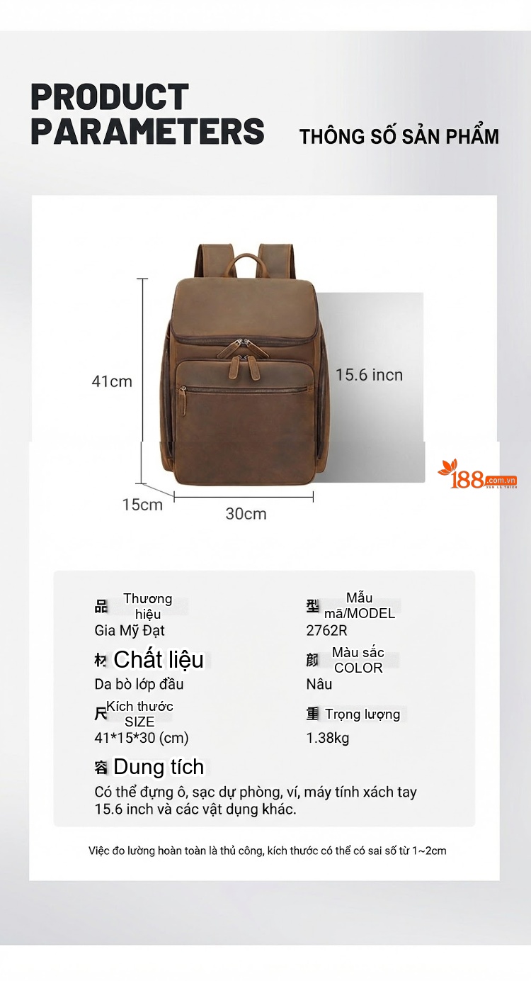 Balo Da Thật Nam Da Bò Đi Học Đi Làm Du Lịch Phong Cách Retro Cổ Điển Màu Nâu chi tiết 8