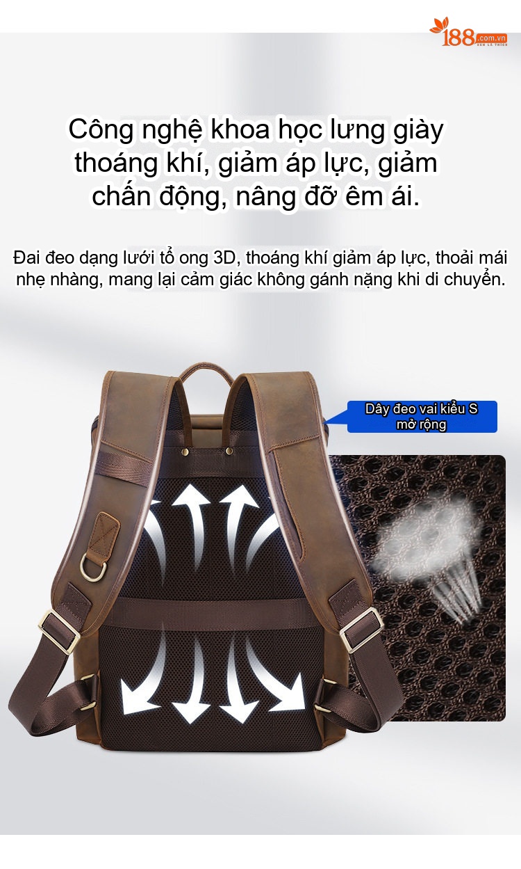 Balo Da Thật Nam Da Bò Đi Học Đi Làm Du Lịch Phong Cách Retro Cổ Điển Màu Nâu chi tiết 5