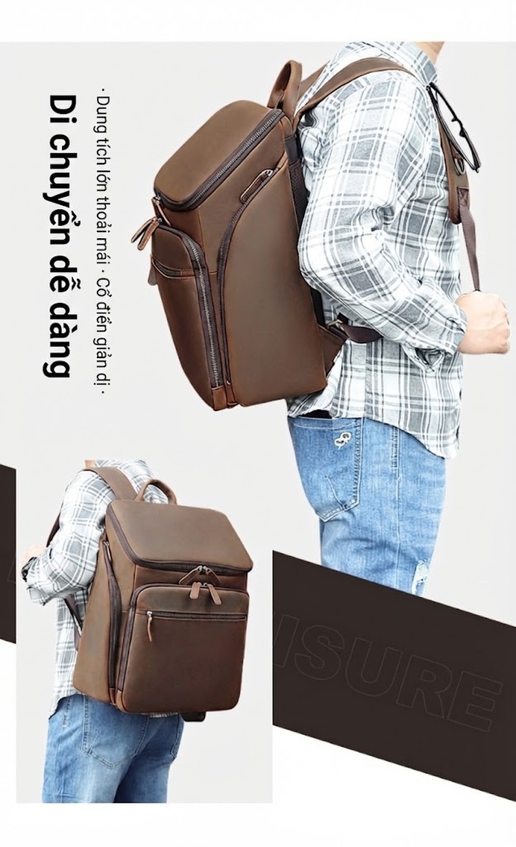 Balo Da Thật Nam Da Bò Đi Học Đi Làm Du Lịch Phong Cách Retro Cổ Điển Màu Nâu chi tiết 2