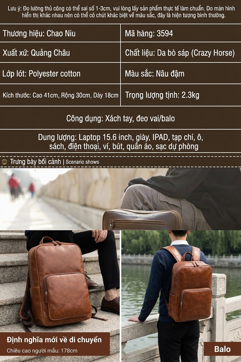 Balo da thật nam da bò sáp vintage đựng laptop chi tiết 4