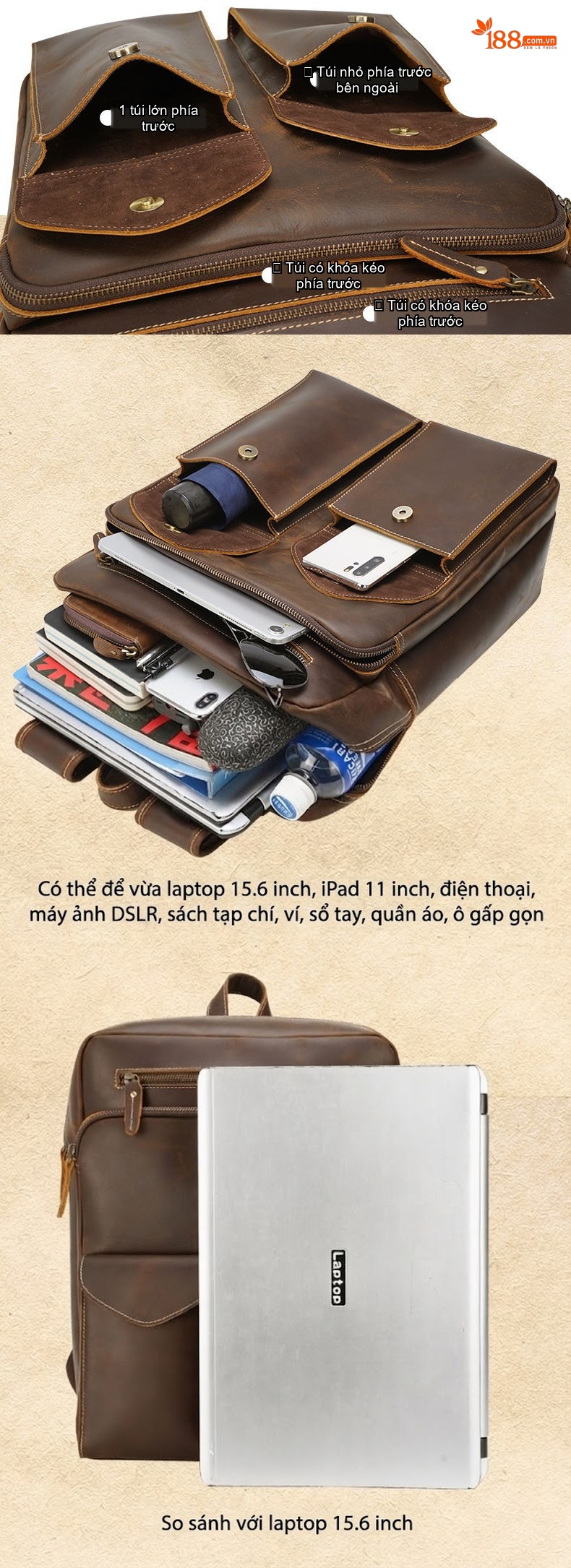 Balo da thật nam da bò sáp vintage đựng laptop chi tiết 6