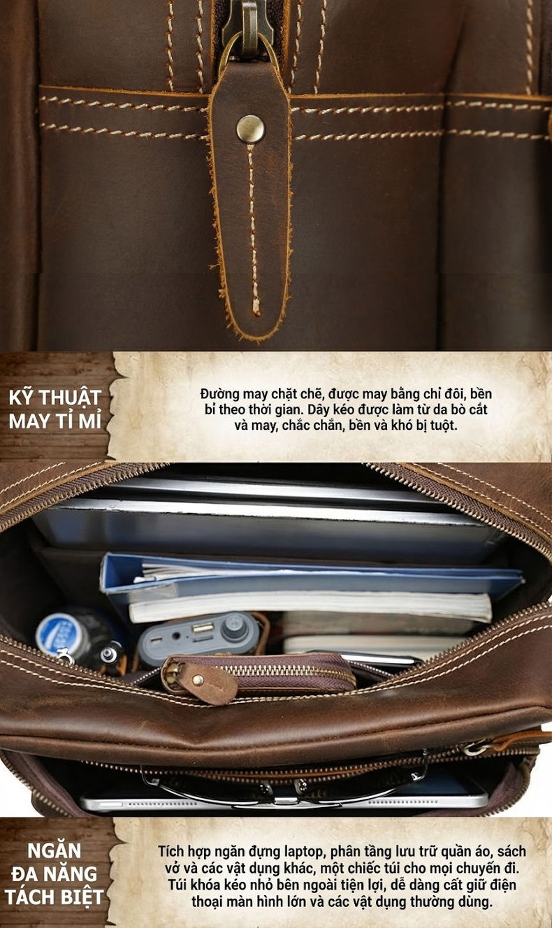 Balo da thật nam da bò sáp vintage đựng laptop chi tiết 7