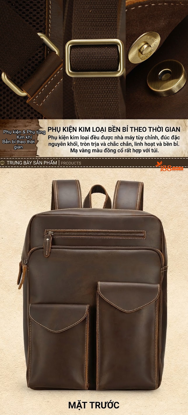 Balo da thật nam da bò sáp vintage đựng laptop chi tiết 8