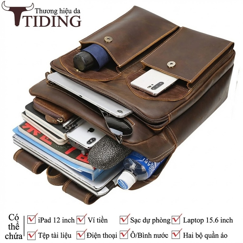 Balo da thật nam da bò sáp vintage đựng laptop