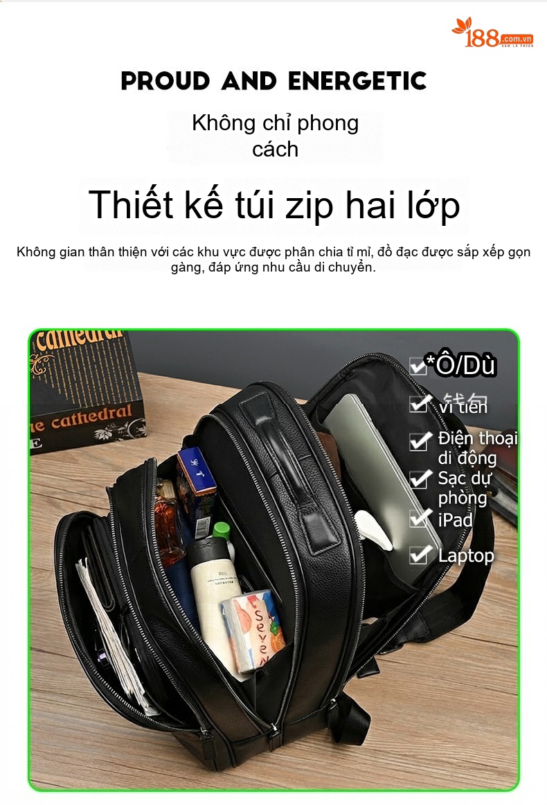 Balo Da Thật Nam Đa Năng USB Công Sở Thời Trang Dung Tích Lớn Màu Đen chi tiết 8
