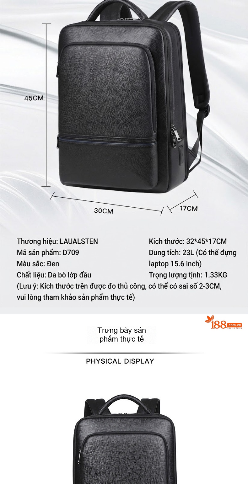 Balo Da Thật Nam Đa Năng USB Công Sở Thời Trang Dung Tích Lớn Màu Đen chi tiết 27