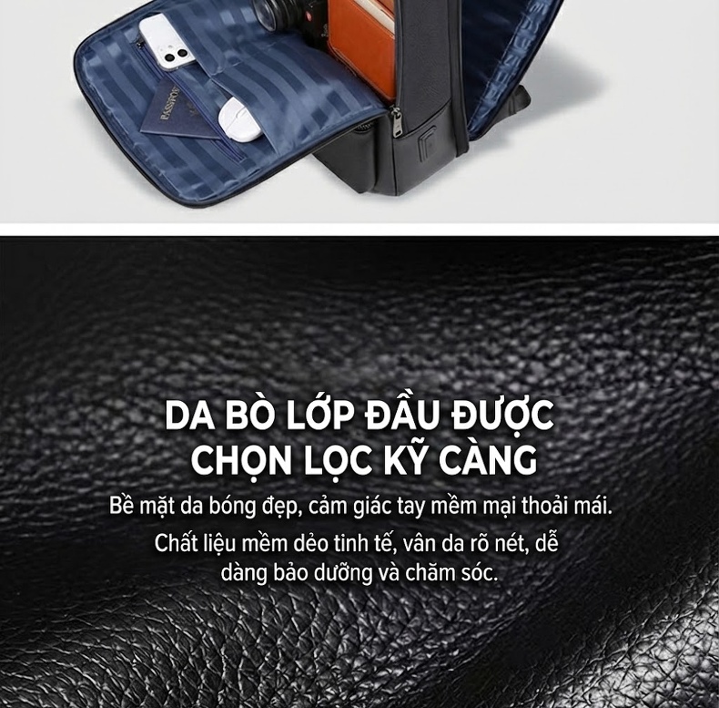 Balo Da Thật Nam Đa Năng USB Công Sở Thời Trang Dung Tích Lớn Màu Đen chi tiết 12