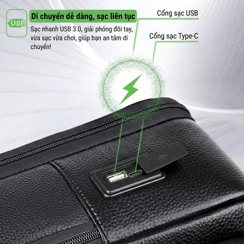 Balo Da Thật Nam Đa Năng USB Công Sở Thời Trang Dung Tích Lớn Màu Đen