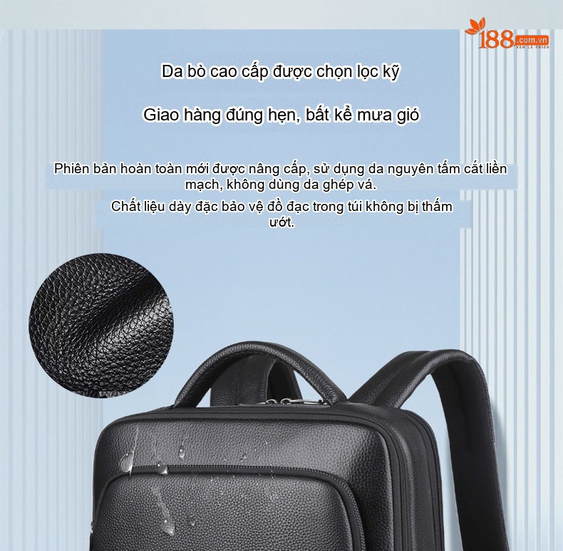 Balo Da Thật Nam Đa Năng USB Công Sở Thời Trang Dung Tích Lớn Màu Đen chi tiết 6
