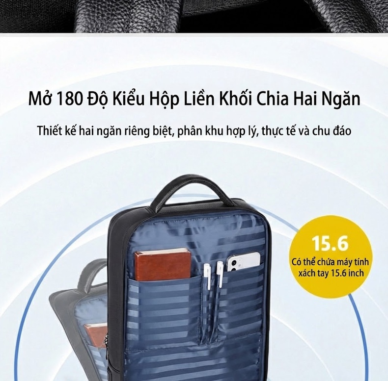 Balo Da Thật Nam Đa Năng USB Công Sở Thời Trang Dung Tích Lớn Màu Đen chi tiết 16