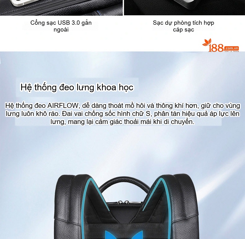 Balo Da Thật Nam Đa Năng USB Công Sở Thời Trang Dung Tích Lớn Màu Đen chi tiết 20