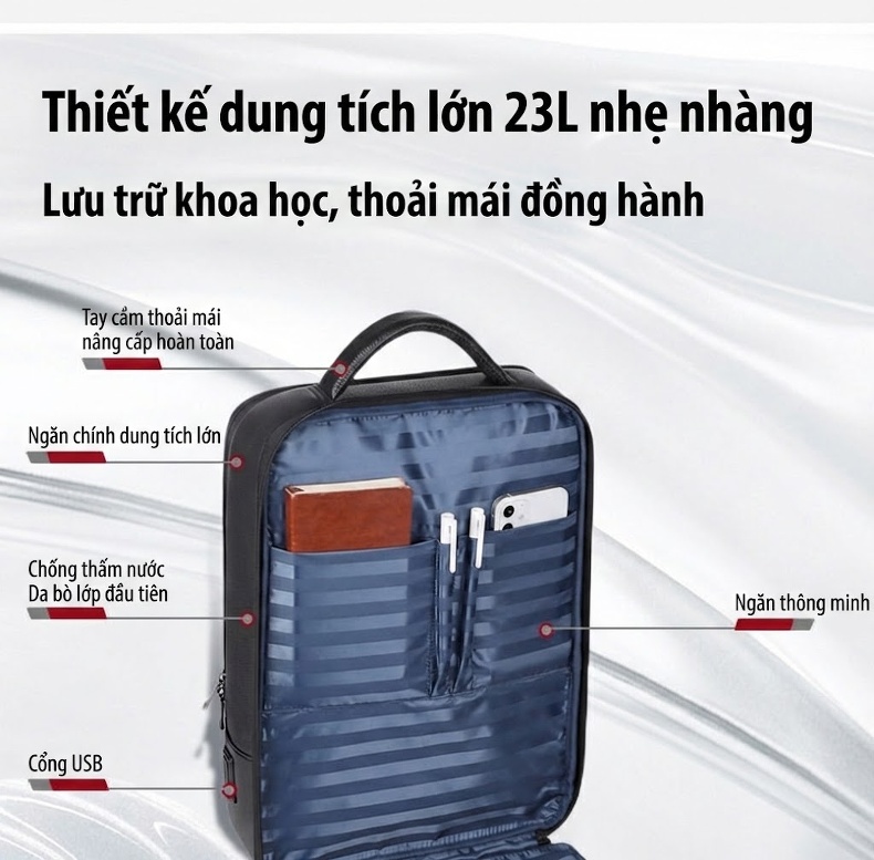 Balo Da Thật Nam Đa Năng USB Công Sở Thời Trang Dung Tích Lớn Màu Đen chi tiết 9