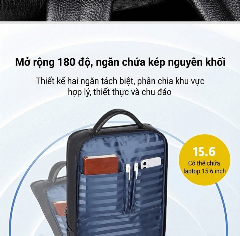 Balo Da Thật Nam Đa Năng USB Công Sở Thời Trang Dung Tích Lớn Màu Đen chi tiết 17