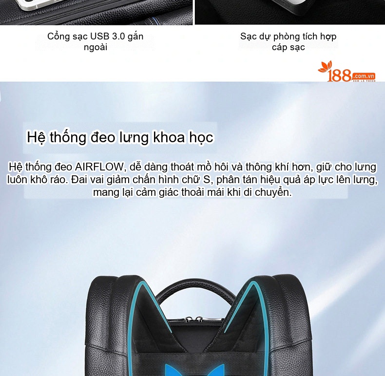 Balo Da Thật Nam Đa Năng USB Công Sở Thời Trang Dung Tích Lớn Màu Đen chi tiết 21