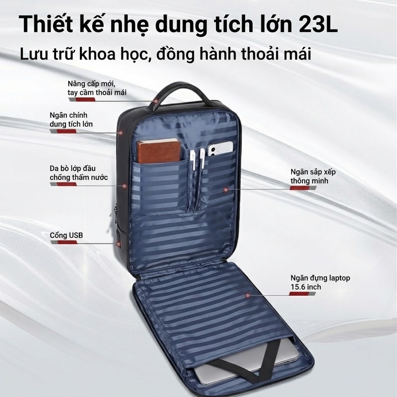 Balo Da Thật Nam Đa Năng USB Công Sở Thời Trang Dung Tích Lớn Màu Đen