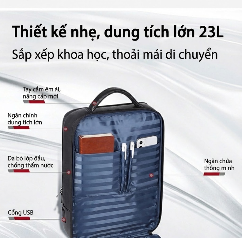Balo Da Thật Nam Đa Năng USB Công Sở Thời Trang Dung Tích Lớn Màu Đen chi tiết 10