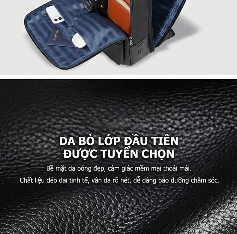 Balo Da Thật Nam Đa Năng USB Công Sở Thời Trang Dung Tích Lớn Màu Đen chi tiết 13