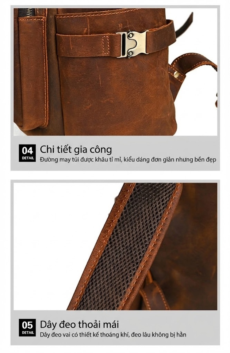 Balo Da Thật Nam Đựng Laptop Phong Cách Thời Trang Màu Nâu chi tiết 11