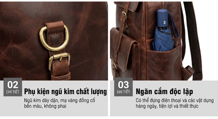 Balo Da Thật Nam Đựng Laptop Phong Cách Thời Trang Màu Nâu chi tiết 10
