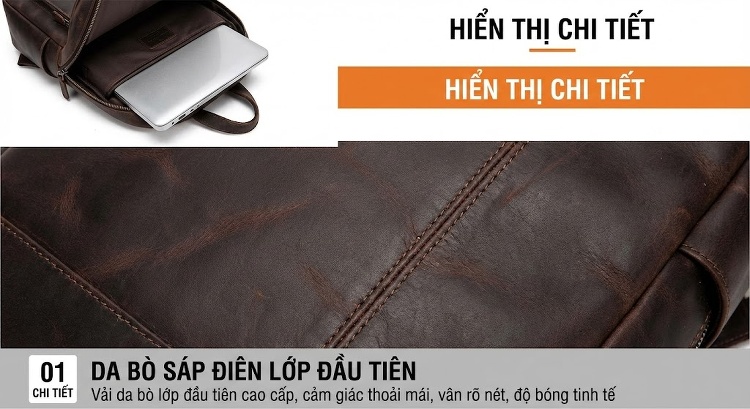 Balo Da Thật Nam Lớn Đựng Laptop Phong Cách Thể Thao Du Lịch Màu Nâu, Đen chi tiết 12