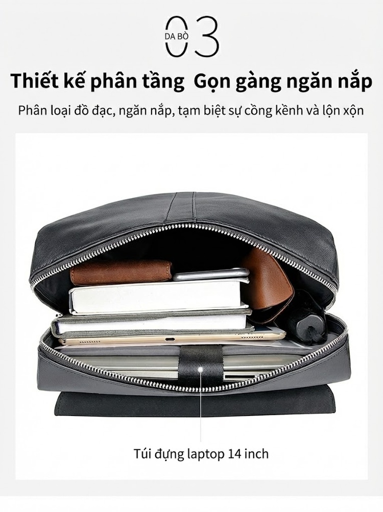 Balo Da Thật Nappa Đựng Laptop 14 Inch Phong Cách Casual Màu Đen chi tiết 6