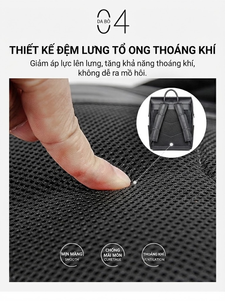 Balo Da Thật Nappa Đựng Laptop 14 Inch Phong Cách Casual Màu Đen chi tiết 7