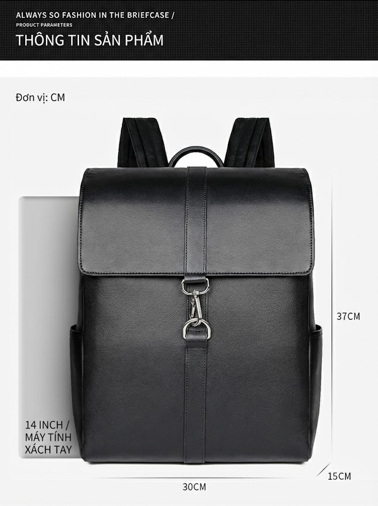 Balo Da Thật Nappa Đựng Laptop 14 Inch Phong Cách Casual Màu Đen chi tiết 8