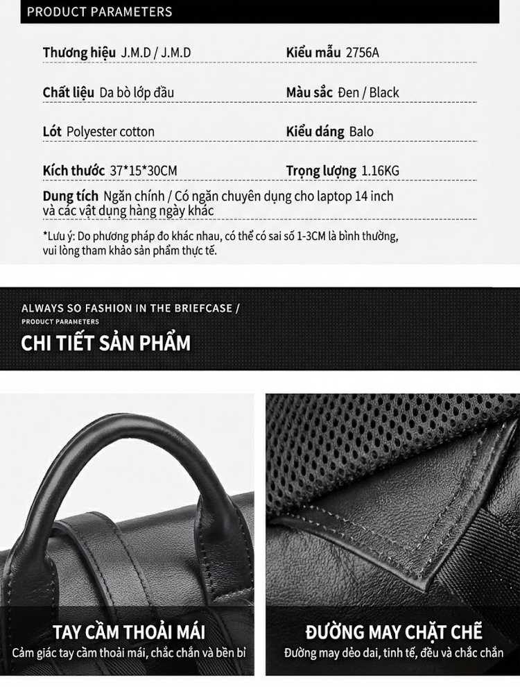 Balo Da Thật Nappa Đựng Laptop 14 Inch Phong Cách Casual Màu Đen chi tiết 9