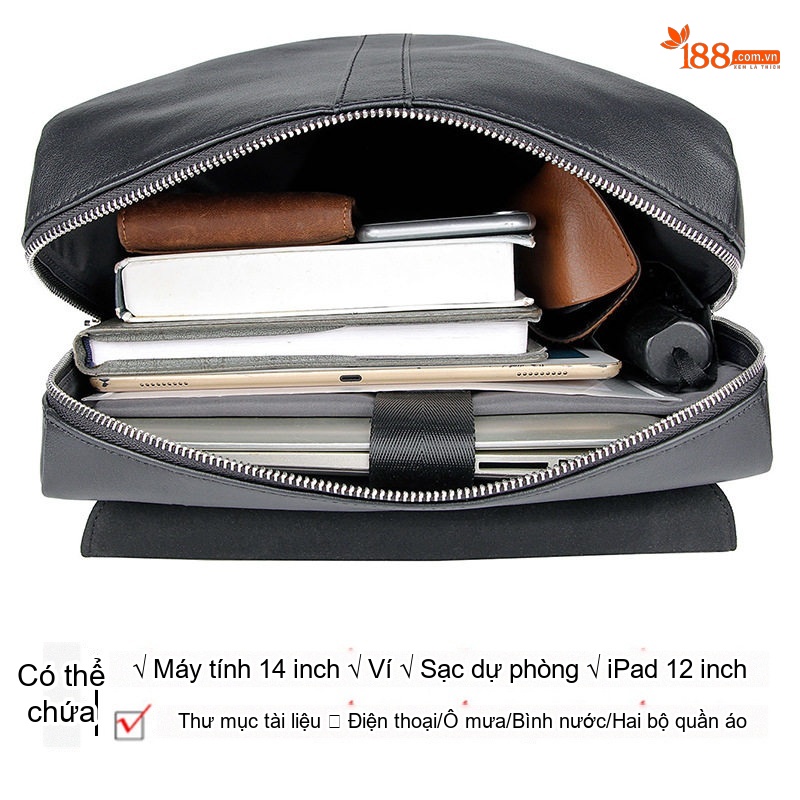 Balo Da Thật Nappa Đựng Laptop 14 Inch Phong Cách Casual Màu Đen