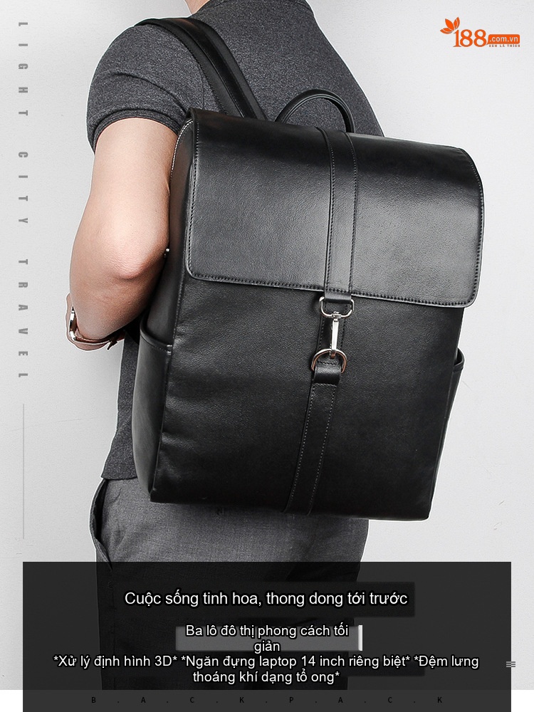 Balo Da Thật Nappa Đựng Laptop 14 Inch Phong Cách Casual Màu Đen chi tiết 1