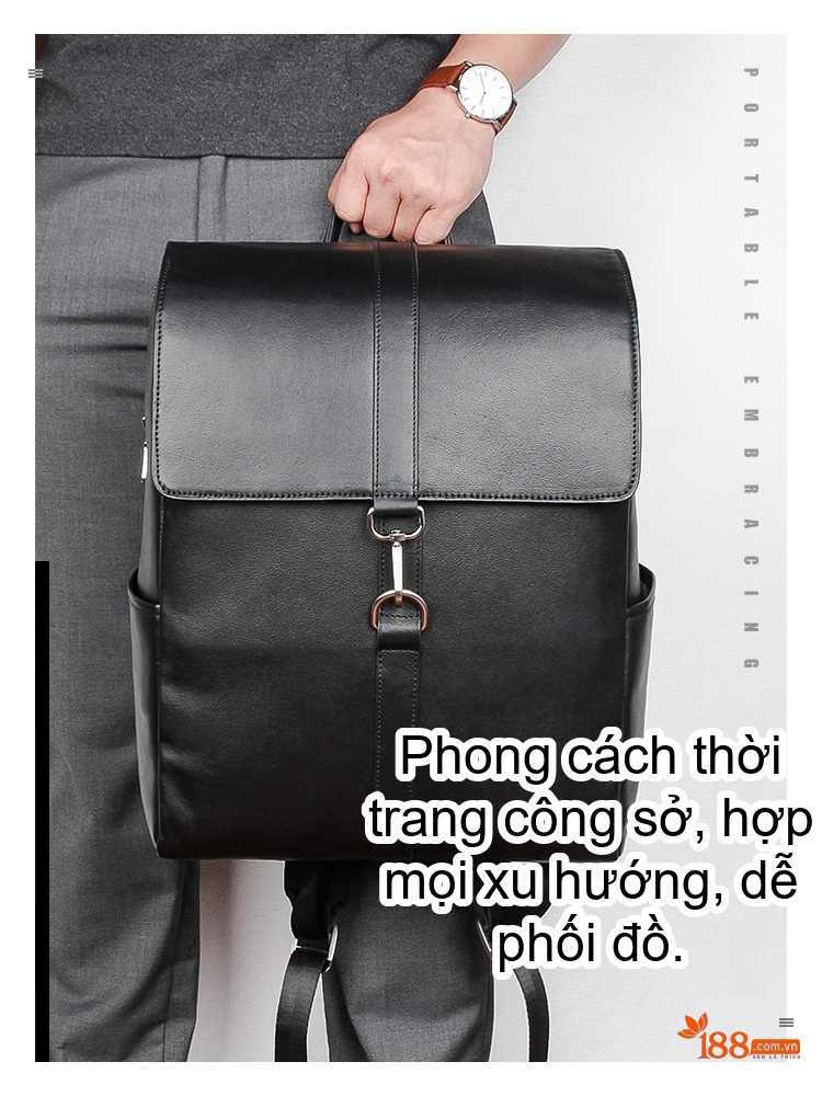 Balo Da Thật Nappa Đựng Laptop 14 Inch Phong Cách Casual Màu Đen chi tiết 2